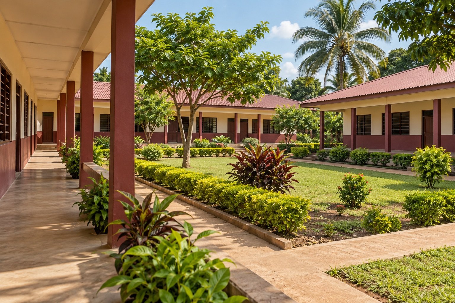 AI-generated example of a Ghanaian school courtyard with cream classroom buildings and tropical trees